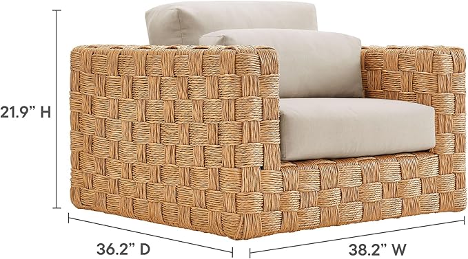 Modway Thames Wicker Rattan Outdoor Armchair - Natural Light Gray, UV-Resistant Deep-Seating Accent Chair with Cushion and Lumbar Pillow, Basket-Weave Patio Accent Chair for Backyard, Deck
