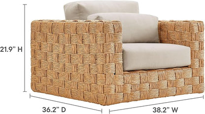 Modway Thames Wicker Rattan Outdoor Armchair - Natural Light Gray, UV-Resistant Deep-Seating Accent Chair with Cushion and Lumbar Pillow, Basket-Weave Patio Accent Chair for Backyard, Deck