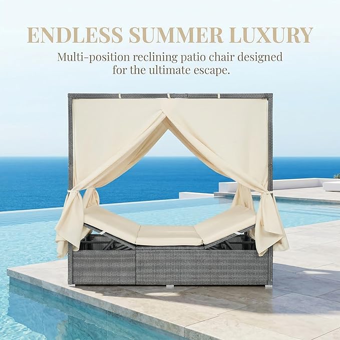 Harper & Bright Designs Adjustable Outdoor Sun Lounger with Canopy,Multi-Position Recline Patio Chair with Removable Cushion,Weather-Resistant Rattan Chaise Lounge for Poolside,Garden & Terrace,Beige