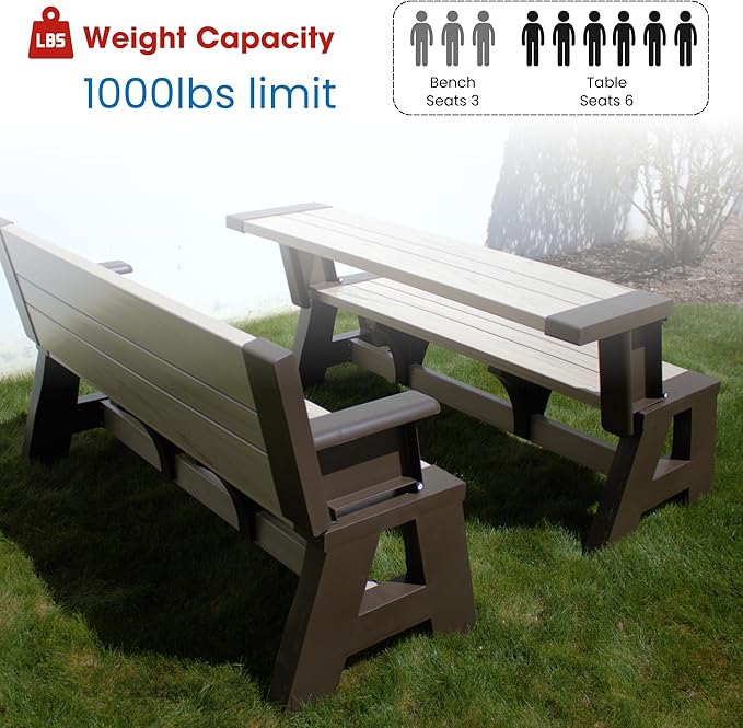 Convert-a-Bench Gen 1 2-in-1 Outdoor Convertible Bench to Picnic Table | Space-Saving, Weather-Resistant Patio Furniture for Yard Deck Garden | Easy Assembly & Durable - 1 bench/Order, Mocha Driftwood