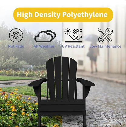 Kingdura Foldable Adirondack Chair, Portable HDPE All Weather Resistant Outdoor Patio Chair, Wooden Textured with Cup Holder, 380LBS Capacity for Poolside, Backyard, Deck, Fire Pit (Black)