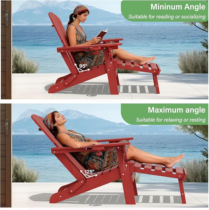 LOUNZY Folding Adjustable Adirondack Chair with Footrest Set of 2,HDPE Recliner Adirondack Chair with Cup Holder for Deck Lawn Fire Pit，Red