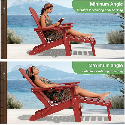 LOUNZY Folding Adjustable Adirondack Chair with Footrest Set of 2,HDPE Recliner Adirondack Chair with Cup Holder for Deck Lawn Fire Pit，Red