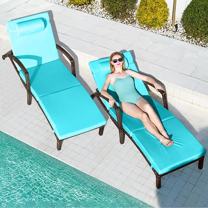 Chaise Lounge Chairs Outdoor Set of 2, Comfy Outside Wicker Patio Pool Lounge Chair w/ 5 Adjustable Back Angle - Photo 2