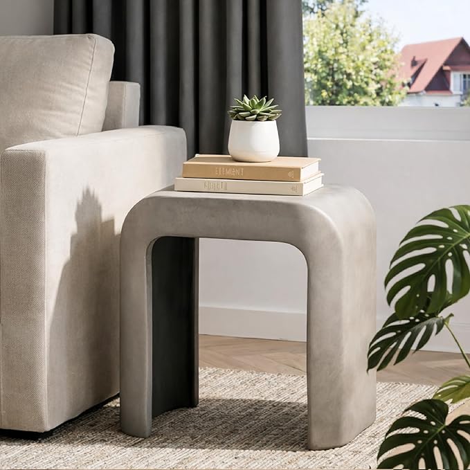 HOMPUS Outdoor Side Table w U-Shaped, Concrete Side Table Lightweight, Round Patio MgO Coffee End Table, Modern Accent Vintage Garden Stand for Indoor Outdoor Use, Grey