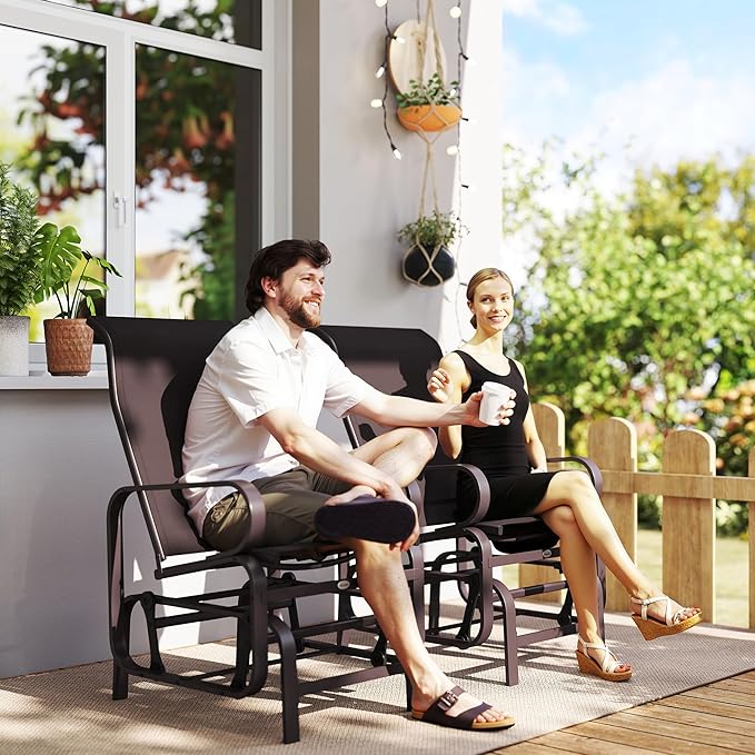 Outsunny Outdoor Glider Chair Set of 2, Gliders for Outside Patio with Smooth Gliding Mechanism and Lightweight Construction for Backyard, Brown