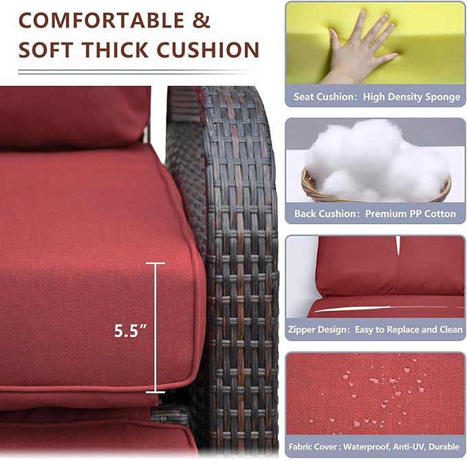 ATR ART TO REAL Outdoor Recliner, Set of 2 Wicker Reclining Chair with Coffee End Side Table, Aluminum Frame Patio Chaise Lounge Chairs with Thicken Cushions (Red)