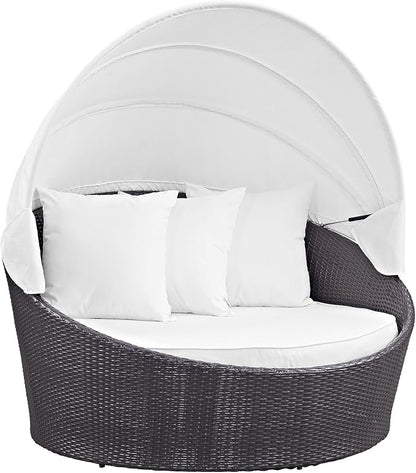 Modway Convene Wicker Rattan Outdoor Patio Retractable Canopy Round Poolside Sofa Daybed in Espresso White