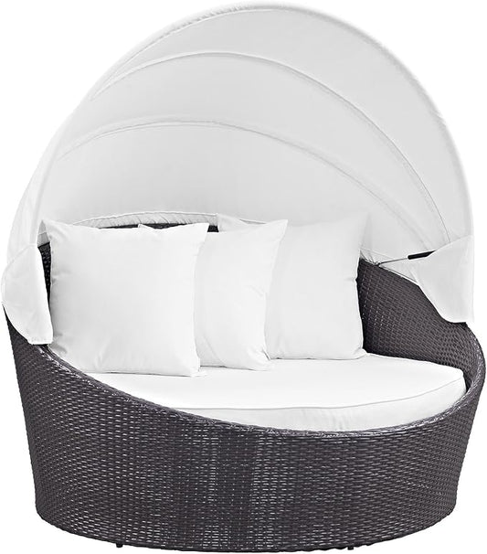 Modway Convene Wicker Rattan Outdoor Patio Retractable Canopy Round Poolside Sofa Daybed in Espresso White