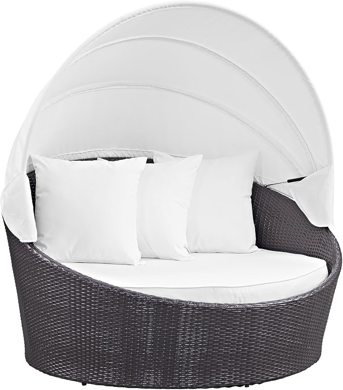 Modway Convene Wicker Rattan Outdoor Patio Retractable Canopy Round Poolside Sofa Daybed in Espresso White
