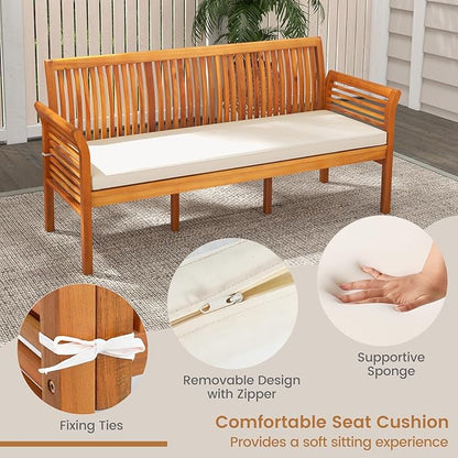 HAPPYGRILL 3-Person Outdoor Bench Acacia Wood Porch Bench, Garden Bench with High Backrest, Curved Armrests & Seat Cushion for Backyard Deck Patio Poolside