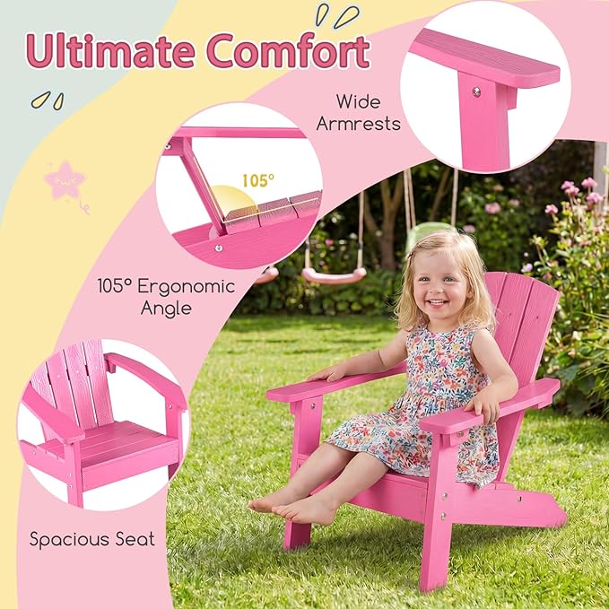 Giantex Kids Adirondack Chair, All-Weather HIPS Children's Outdoor Chair w/Ergonomic Design, Toddler Lawn Chairs for Age 3-8, Kids Beach Chair for Garden Patio Backyard (2,Pink)