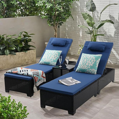 3 PCS Patio Chaise Lounge with Coffee Table Cushion&Pillow Outdoor Lounge Chair Chaise Lounger Patio Reclining Chair 5 Angle Adjustment Black PE Rattan for Courtyards Poolside (Navy)