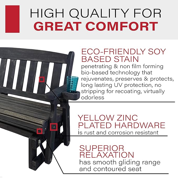 Amish Heavy Duty 800 Lb Mission Pressure Treated Porch Glider with Cupholders (5 Foot, Semi-Solid Black Stain) - Photo 4