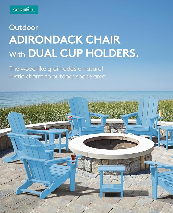 SERWALL Adirondack Chair with Cup Holders - Composite Adirondack Chairs Set of 8 HDPE Outdoor Chairs All Weather Use- Light Blue
