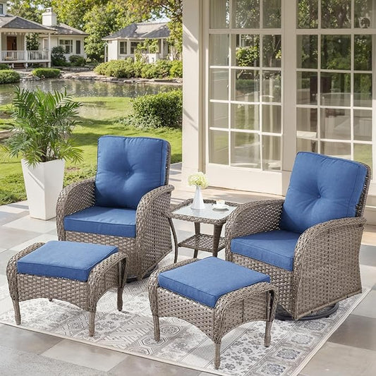5 Pieces Outdoor Wicker Patio Furniture Set-High Back Outdoor Rocking Chairs Set of 2 with Ottoman Patio Conversation Sets for Deck Lawn Porch Balcony Poolside-Grey/Blue