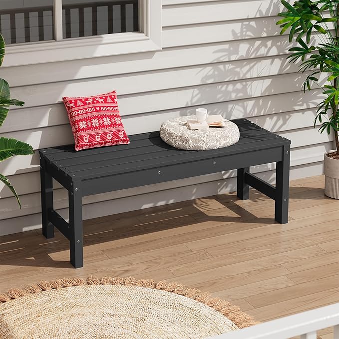 SERWALL 47 Inches Outdoor Bench, All Weather HDPE Backless Bench with Wood Grain Texture for Garden Porch and Park, Curved Bench Seat for Comfort, Black