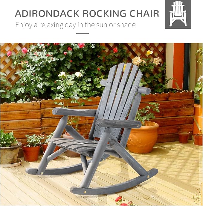 Outsunny Outdoor Wooden Rocking Chair, Single-Person Adirondack Rocking Patio Chair with Rustic High Back, Slatted Seat and Backrest for Indoor, Backyard, Garden, Dark Gray