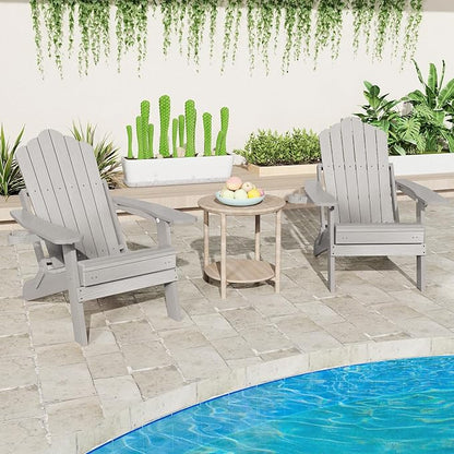 Giantex Folding Adirondack Chair, All-Weather Lounge Chair with Adjustable Backrest, Retractable Ottoman, Cup Holder, HIPS Fire Pit Chair for Lawn, Pool, Patio, Porch (1, Gray)