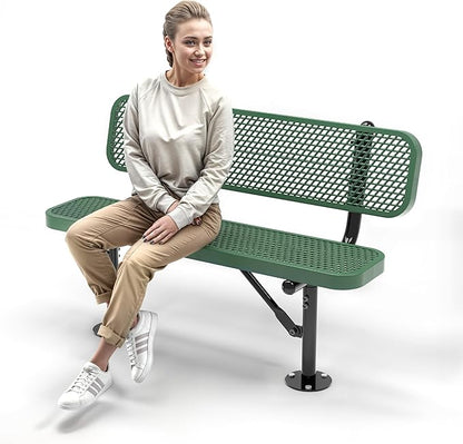 Heavy-Duty Outdoor Metal Bench, Thermoplastic-Coated, Surface, Weatherproof, Commercial-Grade for Parks, Gardens, Patios, Stores & More (4 Ft - Surface with Back, Green)