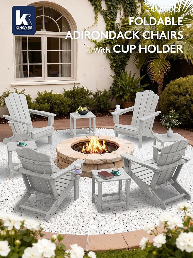 KINGYES Folding Adirondack Chair, HDPE All-Weather Patio Chairs with Cup Holder - Photo 2