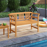 Tangkula Acacia Wood Outdoor Bench with Slatted Backrest, 2-Person Patio Wood Bench with Curved Armrests, Slatted Seat - Photo 4