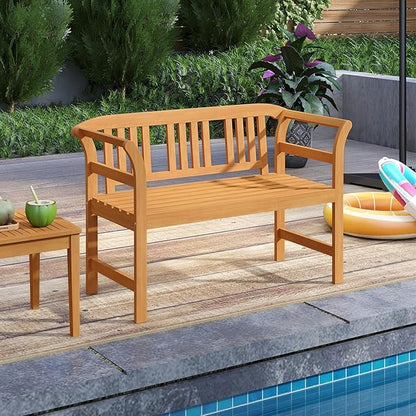 Tangkula Acacia Wood Outdoor Bench with Slatted Backrest, 2-Person Patio Wood Bench with Curved Armrests, Slatted Seat, Garden Bench Loveseat for Park, Yard, Lawn, Patio, 800 LBS Max Load