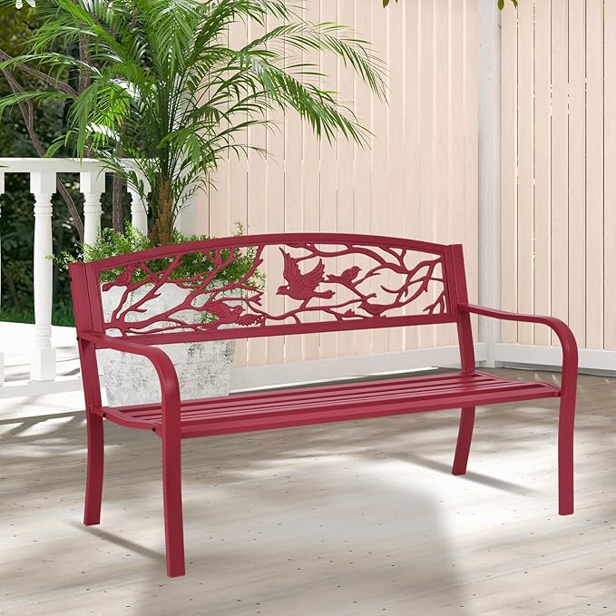 Giantex 50”Outdoor Bench with Cast Iron Backrest & Ergonomic Armrest, 600 lbs Steel Metal Frame - Photo 6