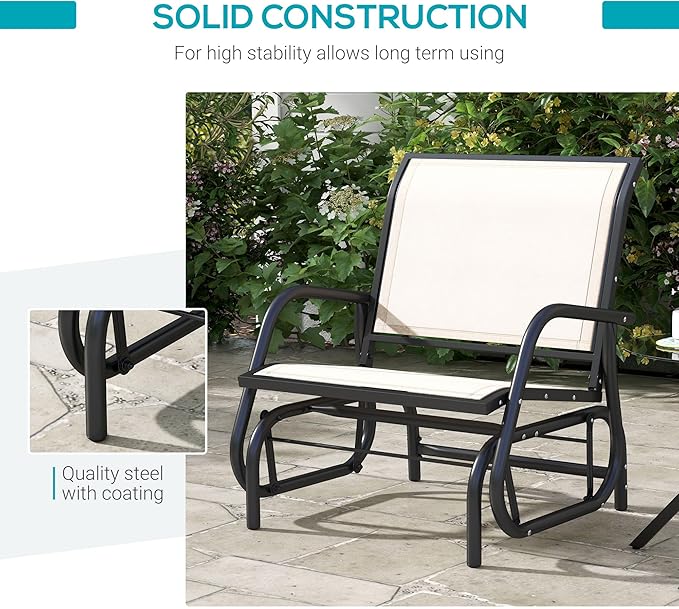 Outsunny Porch Glider, Metal Frame Swing Glider Chair with Breathable Mesh Fabric, Curved Armrests and Steel Frame for Garden, Poolside, Backyard, Balcony, Cream White