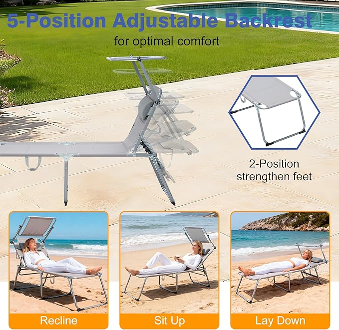 Folding Outdoor Lounge Recliner Chairs, Patio Lawn Chairs with Adjustable Backrest - Photo 4