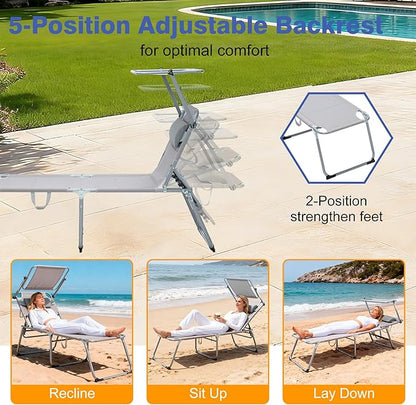 Folding Outdoor Lounge Recliner Chairs, Patio Lawn Chairs with Adjustable Backrest, Sun Tanning Beach Chair with Sunshade/Awning, Breathable Mesh Seat, Gray, 2 Pcs (Gray)