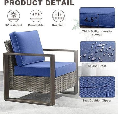 Rilyson Outdoor Wicker Patio Furniture Set - 5 Piece Patio Conversation Set with 2 Wicker Armrest Chairs,2 Rattan Ottoman, 1 Side Table, Sturdy Frame, Thick Cushions, Deep Seating(Mixed Grey/Blue)