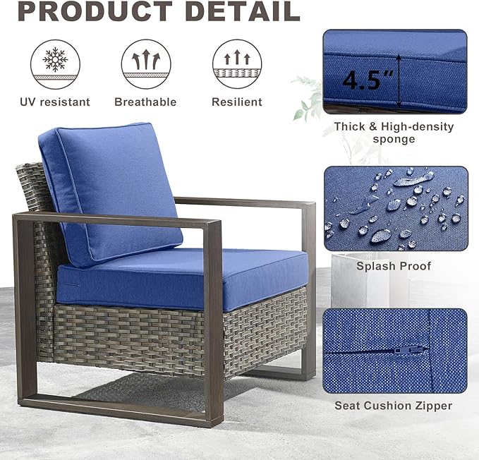 Rilyson Outdoor Wicker Patio Furniture Set - 4 Piece Patio Conversation Set with 2 Wicker Armrest Chairs,2 Rattan Ottoman, Sturdy Frame, Thick Cushions, Deep Seating(Mixed Grey/Blue)