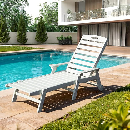 Domi Patio Lounge Chair Outdoor, HDPE Outdoor Chaise Lounge with Reclining Backrest, Pool Lounger Chair for Outside, Poolside, Sunbathing Tanning, White