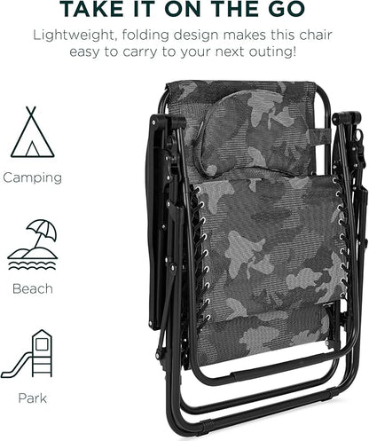 Best Choice Products Oversized Zero Gravity Chair, Folding Outdoor Patio Lounge Recliner w/Cup Holder Accessory Tray, Pillow - Camouflage