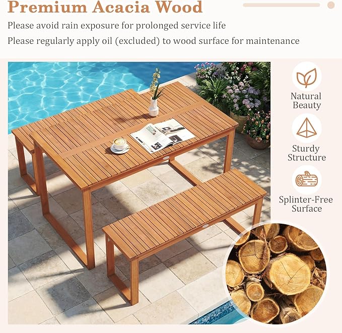 Tangkula Acacia Wood Patio Dining Table for 4-6, Rectangular Outdoor Table with Slatted Tabletop, Outside Dinner Table for Garden, Balcony, Deck and Backyard (49" x 27.5")
