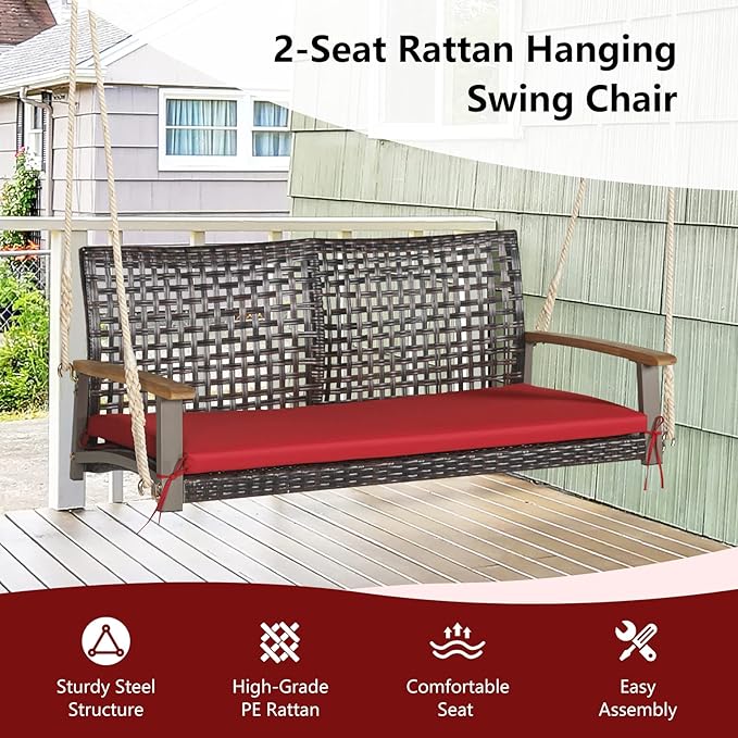 Tangkula 2 Person PE Wicker Porch Swing Bench, Outdoor Hanging Swing with Soft Seat Cushion and Hanging Ropes(Length of 118" for Each Chain), 800 LBS Weight Capacity