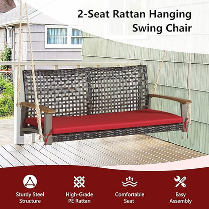 Tangkula 2 Person PE Wicker Porch Swing Bench, Outdoor Hanging Swing with Soft Seat Cushion and Hanging Ropes(Length of 118" for Each Chain), 800 LBS Weight Capacity