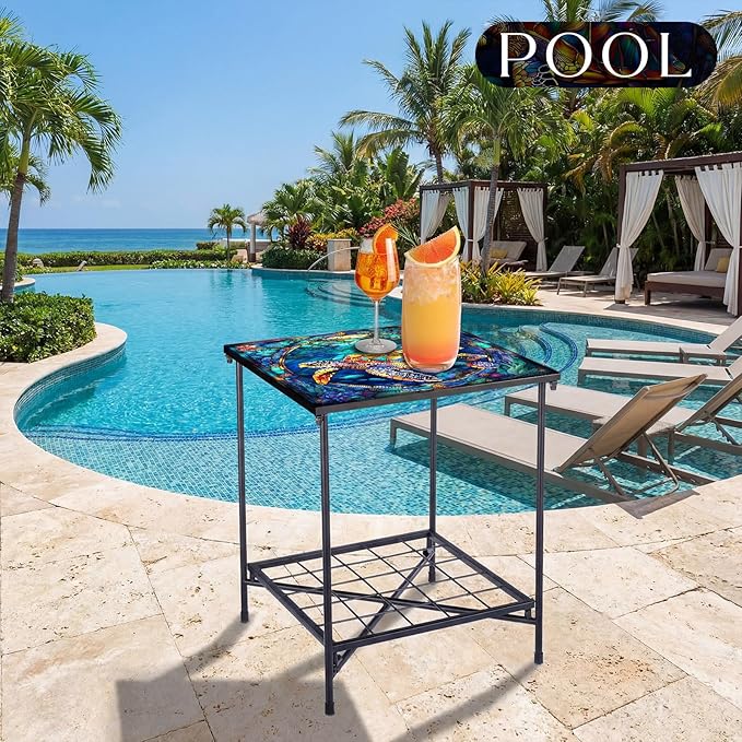 Outdoor Side Table 2-Tier Storage Square Small Mosaic Patio Accent Indoor End Plant Coffee Tea Table for Yard Patio Porch Garden Living Room, Bedroom(Turtle Style)