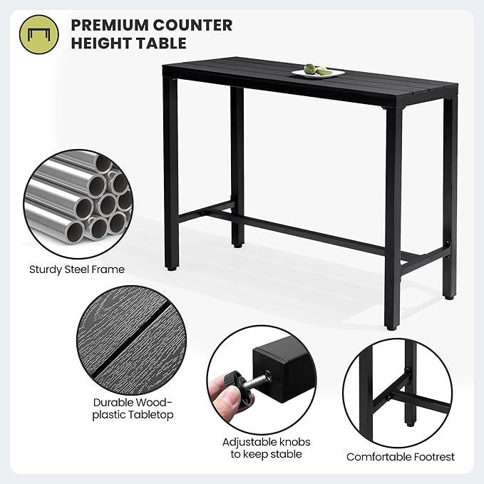 Crestlive Products Outdoor Bar Table, 43'' Rectangle Patio Counter Height Table High Pub Table with Waterproof Top and Sturdy Metal Frame for Balcony, Bistro, Garden, Backyard, Hot Tub(Black)