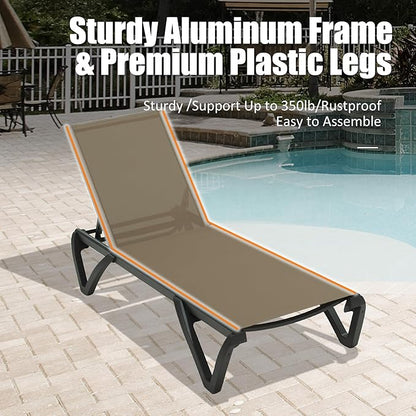 Domi Pool Lounge Chairs, Aluminum Patio Chaise Lounge with Side Table, 5 Position Adjustable Backrest and Wheels, All Weather Outdoor Lounge Chairs for Beach, Yard, Balcony, Poolside, Khaki