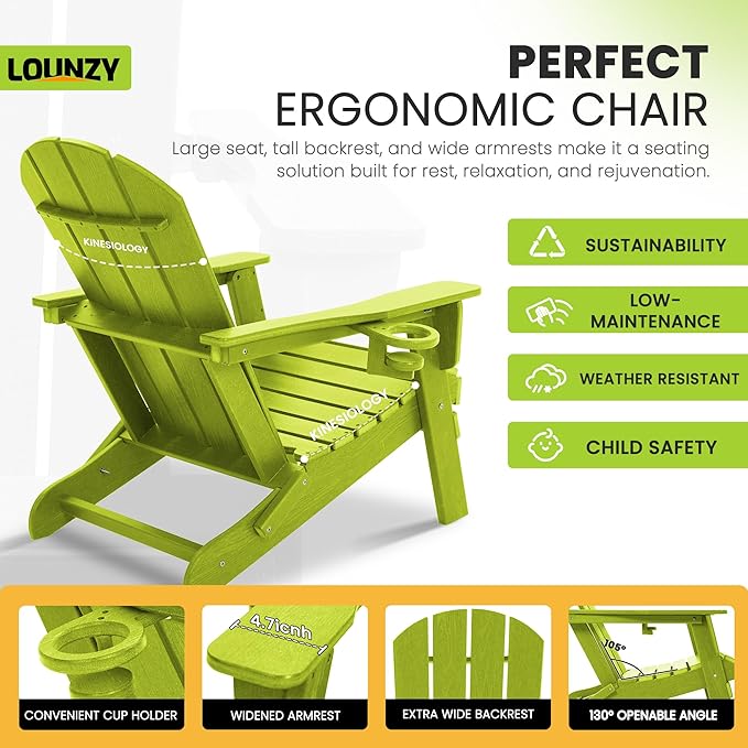 LOUNZY Folding Adirondack Chair Set of 4, Lime - Photo 5