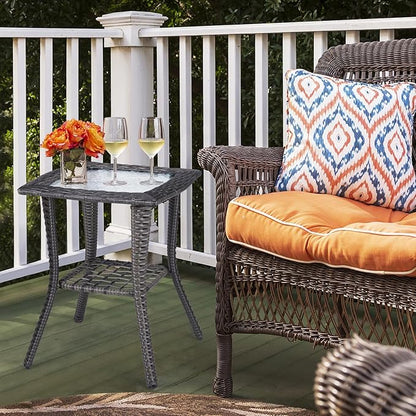 Outvita Outdoor Side Table, Patio Rattan Coffee Table Small End Table with Glass Tabletop and Storage Shelf for Patio Porch Backyard Balcony Living Room