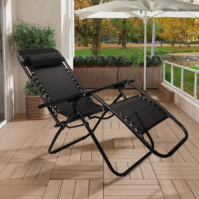 SZHLUX 1 PCS Adjustable Steel Mesh Zero Gravity Lounge Chair Recliners W/Pillows and Cup Holder Trays - Black - Photo 2