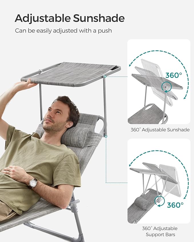 SONGMICS Sun Lounger, Patio Chaise Lounge Chair, Folding, with Canopy, 76 x 20.9 x 11.4 Inches, Holds 330 lb, Headrest, Adjustable Backrest, Outdoor Garden Pool, Greige GCB19T