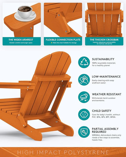 SERWALL Foldable Adirondack Chair with Cup Holder Set of 2 for Patio Garden Outdoors Fire Pit Chairs-Orange