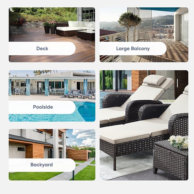 Belord 3 Piece Outdoor Chaise Lounge Patio Recliner - 75 Inch Adjustable Wicker Chaise Lounge with Soft Pillow Removable Cushions, All Weather Rattan Pool Lounge Chair Set 2 for Poolside Brown/Beige