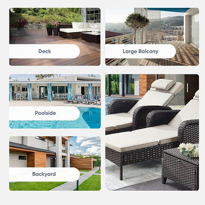 Belord 3 Piece Outdoor Chaise Lounge Patio Recliner - 75 Inch Adjustable Wicker Chaise Lounge with Soft Pillow Removable Cushions, All Weather Rattan Pool Lounge Chair Set 2 for Poolside Brown/Beige