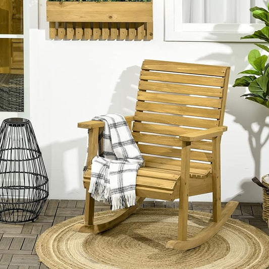Outsunny Wooden Outdoor Rocking Chair, Traditional Slatted Wood Rocker Chair with Armrests and High Backrest for Indoor & Outdoor, Light Brown