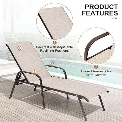 Crestlive Outdoor Chaise Lounge Chair,5-Position Pool Lounge Chairs with Armrests Sunbathing Recliner for Patio,Beach,Deck,Yard (2PC Beige)